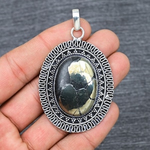 Gold Apache Pyrite Pendant: Oval Gemstone, 925 Sterling Silver