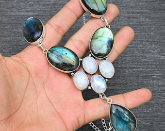 Designer Moonstone Labradorite Necklace: 925 Sterling Silver Jewelry