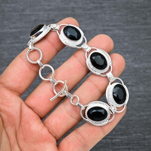 Handmade Faceted Black Onyx Bracelet: 925 Sterling Silver, 7.5 Inch