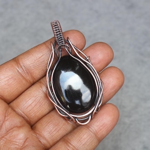 Black Onyx Copper Wire Wrap Pendant: Boho Gemstone Jewelry