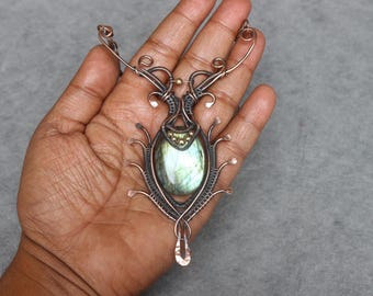 Labradorite Copper Wire Wrap Necklace: Boho Gemstone Pendant