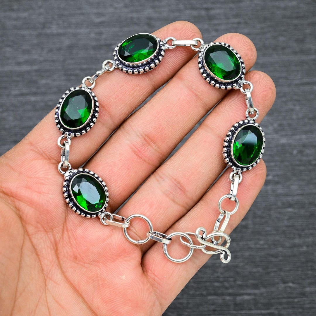 Handmade Faceted Emerald Bracelet: 925 Sterling Silver, 8