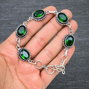 Handmade Faceted Emerald Bracelet: 925 Sterling Silver, 8 Inch