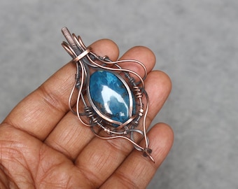 Handmade Copper Wire Wrapped Chrysocolla Pendant - Boho Gemstone Jewelry