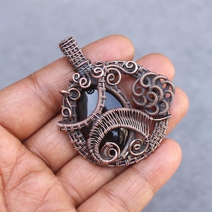 Black Onyx Copper Wire Wrap Pendant: Boho Gemstone Jewelry
