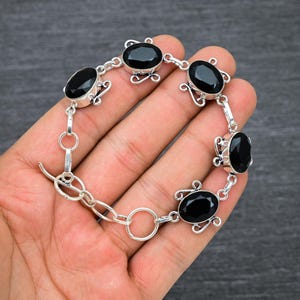Faceted Black Onyx Bracelet: Handmade 925 Sterling Silver, 8 Inch