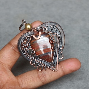 Handmade Copper Wire Wrap Heart Pendant: Iron Tiger Eye Gemstone