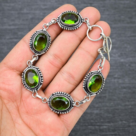 Bracelet Manchette En Argent Sterling 925 Avec Péridots Taillés - Fait Main, Ajustable, Style Bohème Vintage