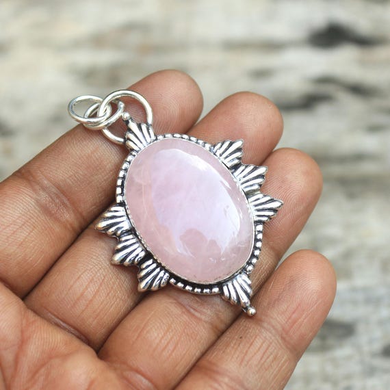 Collier En Argent 925 Avec Pendentif Quartz Rose - Bijou Occasion - Pierre Ronde