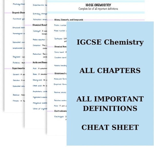 IGCSE Chemie Vollständige Definitionen Spickzettel mit Übungsblättern | Handgeschriebene Notizen | Alle Kapitel | Definitionen Master List