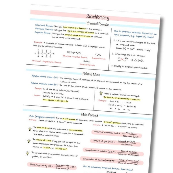 Stöchiometrie Chemie Notizen Handgeschrieben | Übersichtsblatt Handout | IGCSE, Abitur, Mittelschule