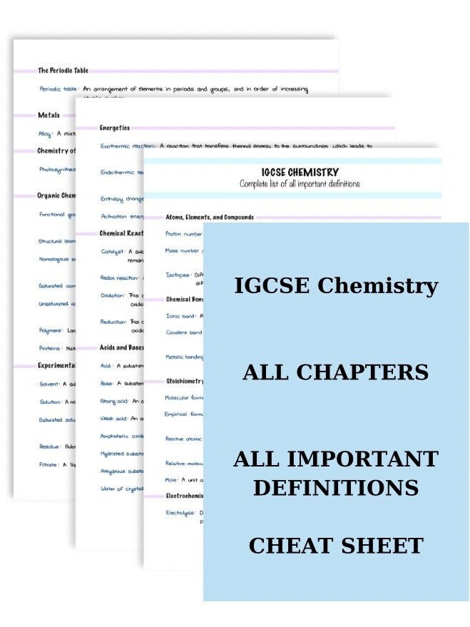 IGCSE Chemistry Complete Definitions Cheat Sheet With Practice Sheets ...