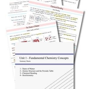 Principes fondamentaux de la chimie | 4 sujets | Feuilles de synthèse manuscrites d'une page | IGCSE, O-Levels, Collège | Notes esthétiques