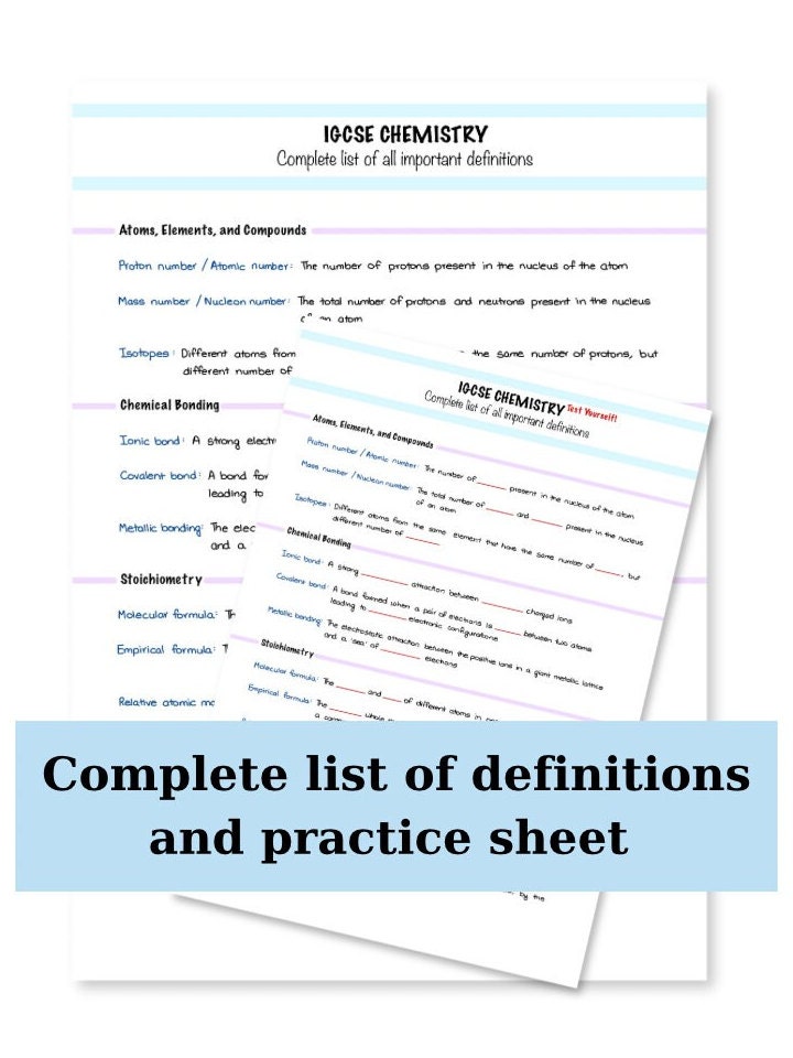 IGCSE Chemistry Complete Definitions Cheat Sheet With Practice Sheets ...