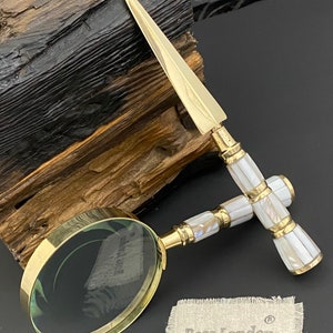 Magnifying Glass & Letter Opener Set - Vintage Style Mother of Pearl Magnifying Glass with Letter Opener - Decorative Desktop Gift Set