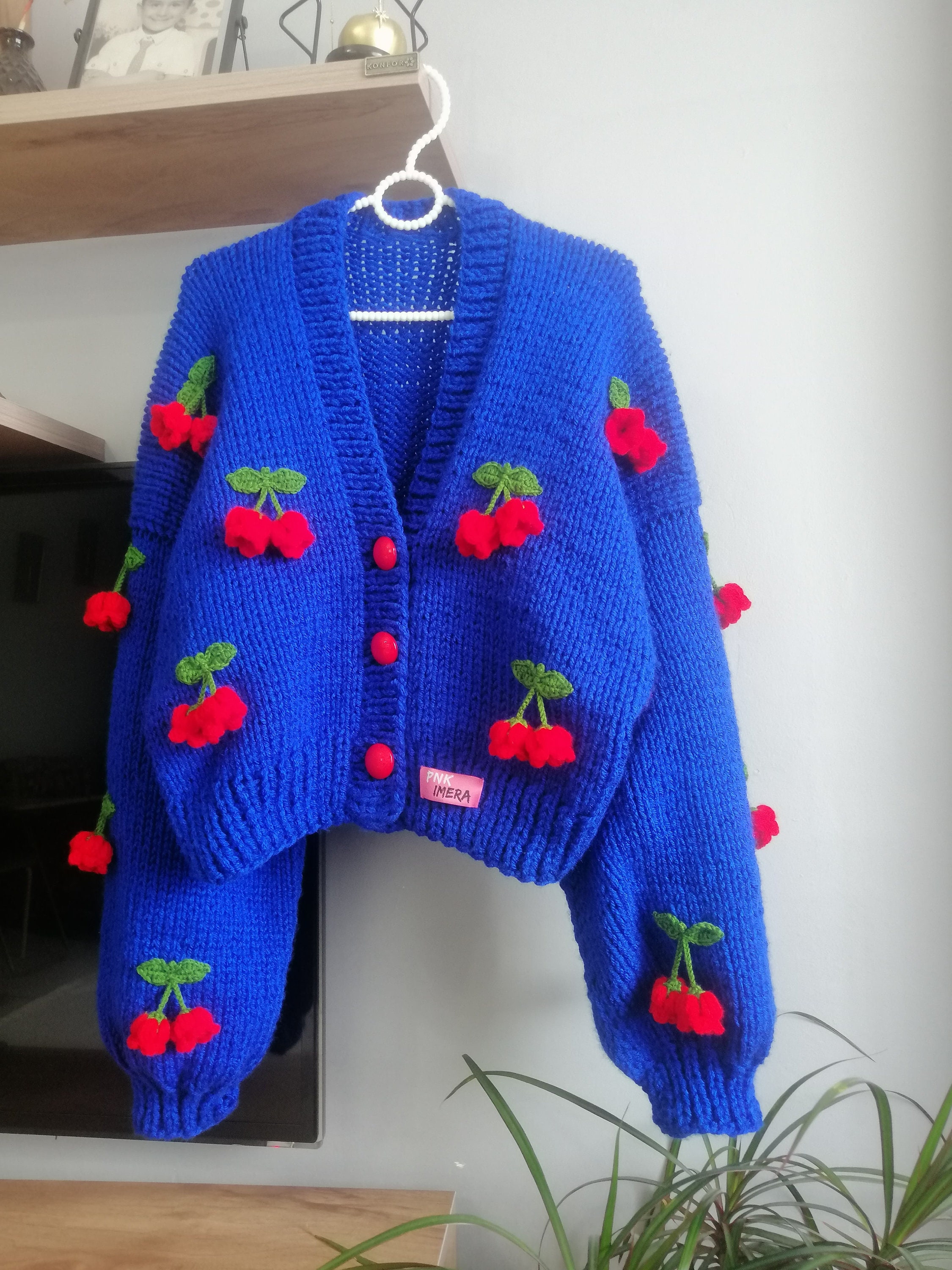 Handmade Blue Cherry Cardigan: 3D Knit Sweater - Etsy