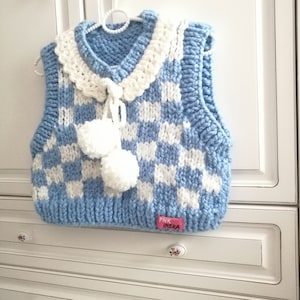 Handmade Checkered Knit Sweater Vest: Blue & White Crop Top