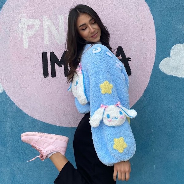 Pnkimera, Niedliche flauschige Sanrio-Strickjacke, Sanrio-Cinnamoroll-Plüsch-Pullover, Sanrio-Kuromi-Jacke im Kawaii-Stil, Y2K Kleidung