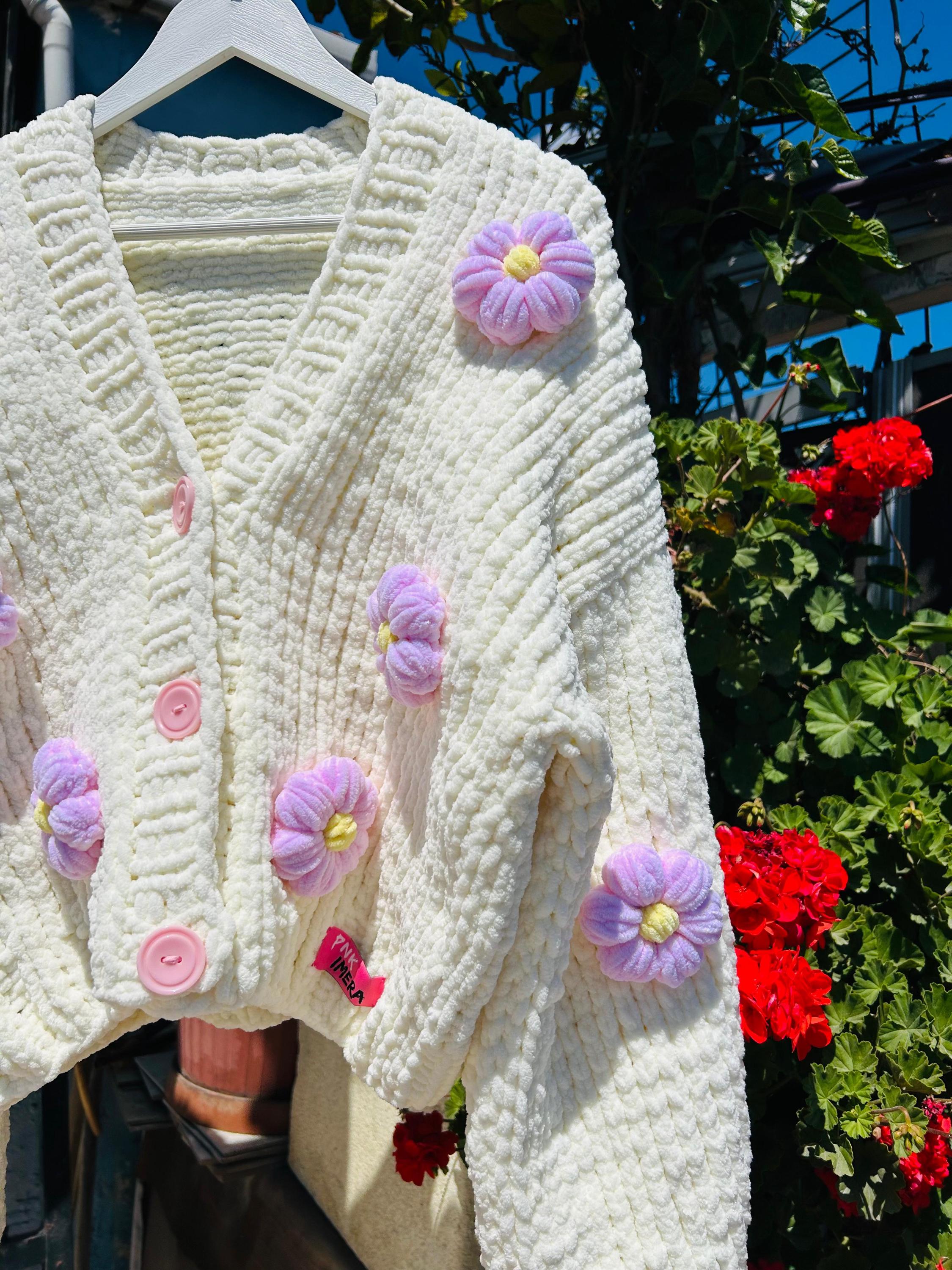 Handmade Pink Floral Cardigan, 3D Flower Chunky Knit Coquette