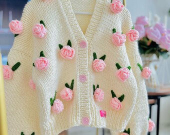 Pink Roses Cardigan, Handmade Chunky Cropped Knit Sweater, Floral