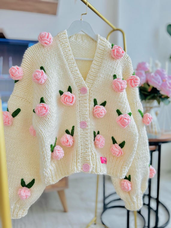 Handmade Knitted Rose Cardigan: Elegant Floral Wool Jacket - Etsy
