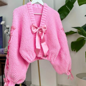 Pnkimera, Ribbon Cardigan,Bow cardigan, Wool cardigan with pearls, Modern cardigan with pearls, Elegant tops jacket, Pink bow cardigan