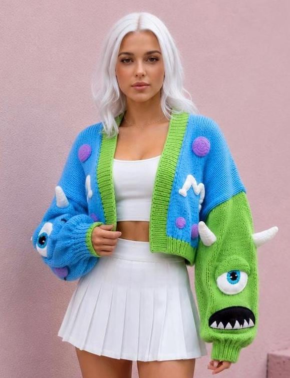 Handmade 3D Monster Character Chunky Knit Cardigan, Kawaii Kidcore