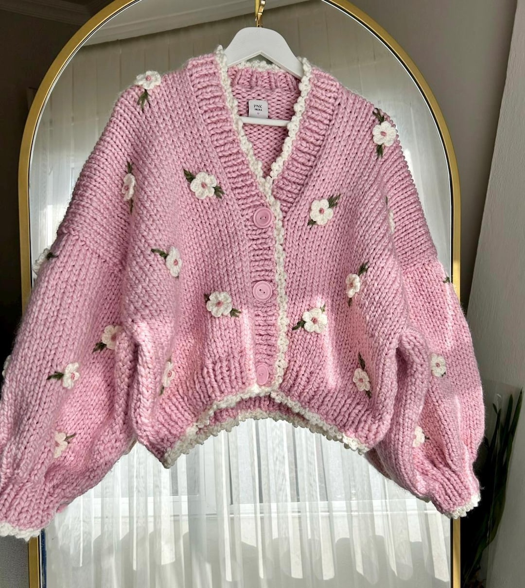 トップス FAKE AS FLOWERS KNIT CARDIGAN Handmade Pink Flower Cardigan, Floral Knit Cardigan, Chunky
