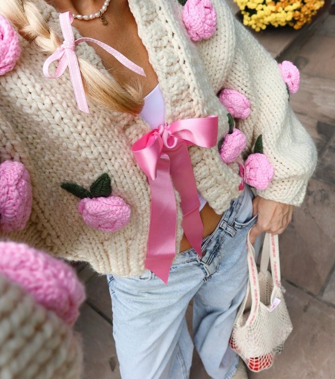 Pnkimera Pink Roses Cardigan Chunky Cropped Cardigan for