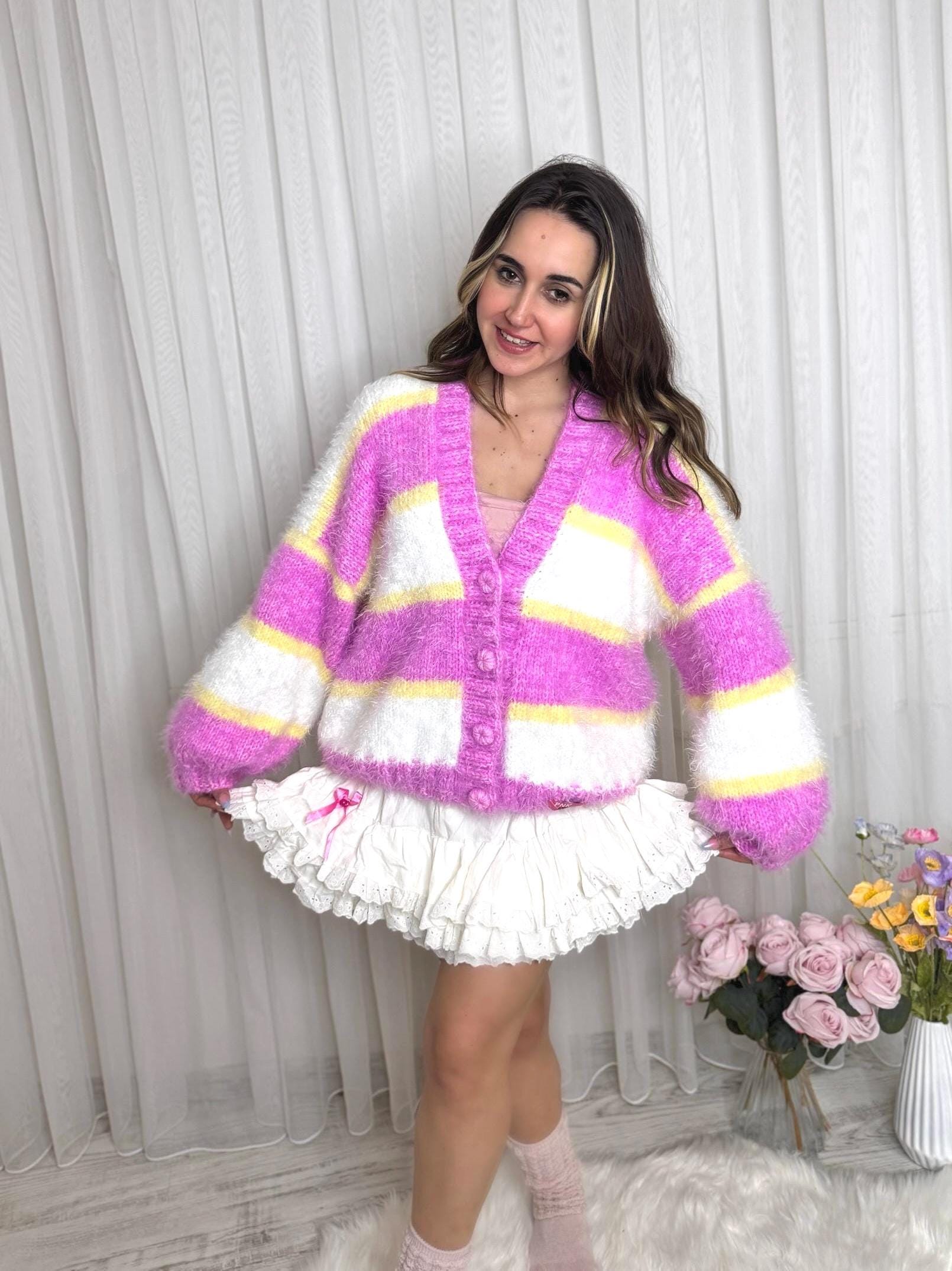 Chunky Striped Mohair Cardigan, Oversized Pink Kawaii Knit Sweater