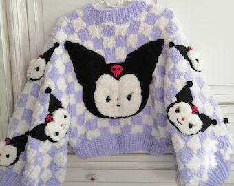Handmade Kawaii Gothic Bunny Cardigan, Y2K Cartoon Style Knit