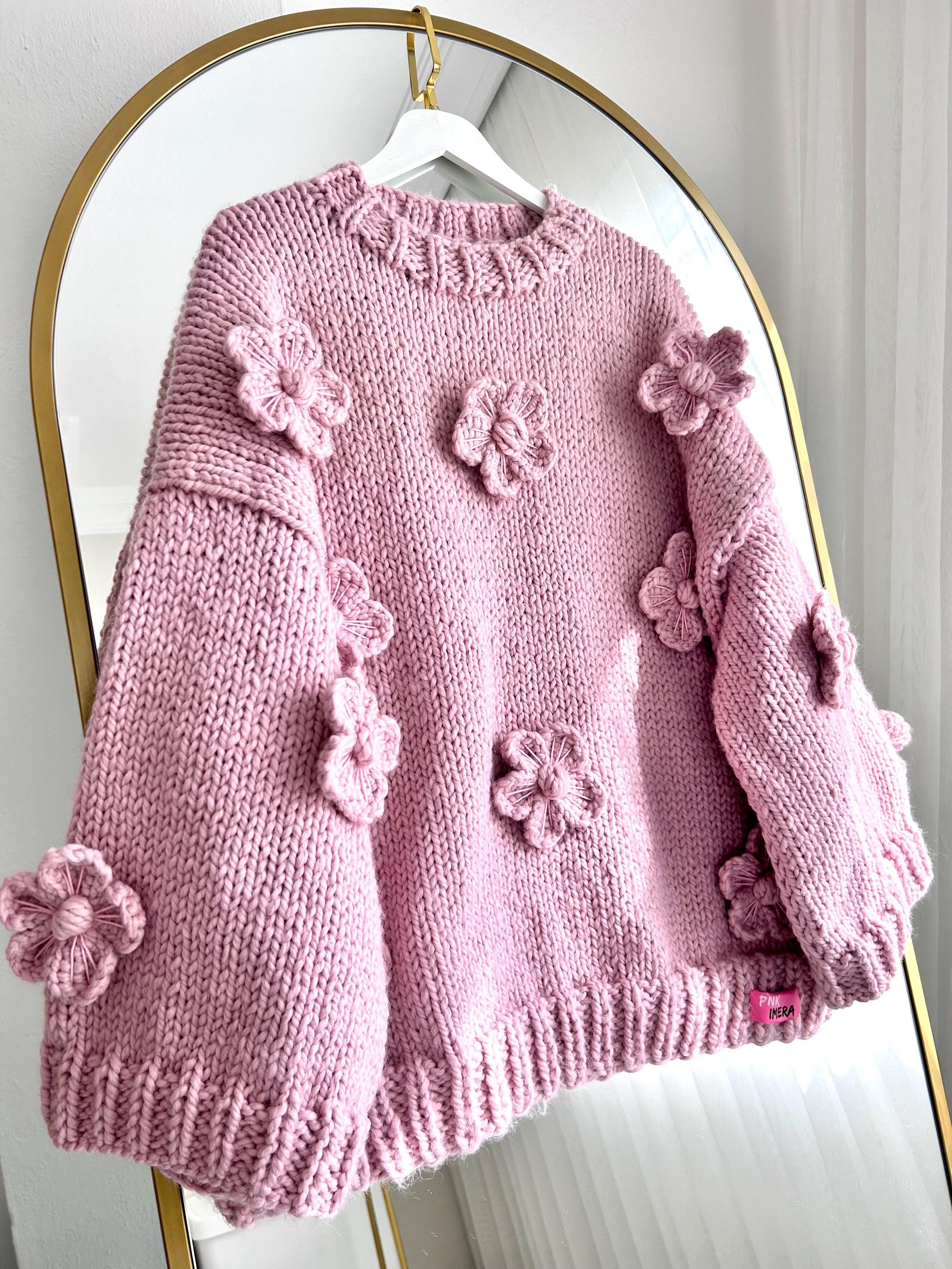Chunky Pink Flower Sweater, Oversized Knit Jumper, Balloon Sleeve