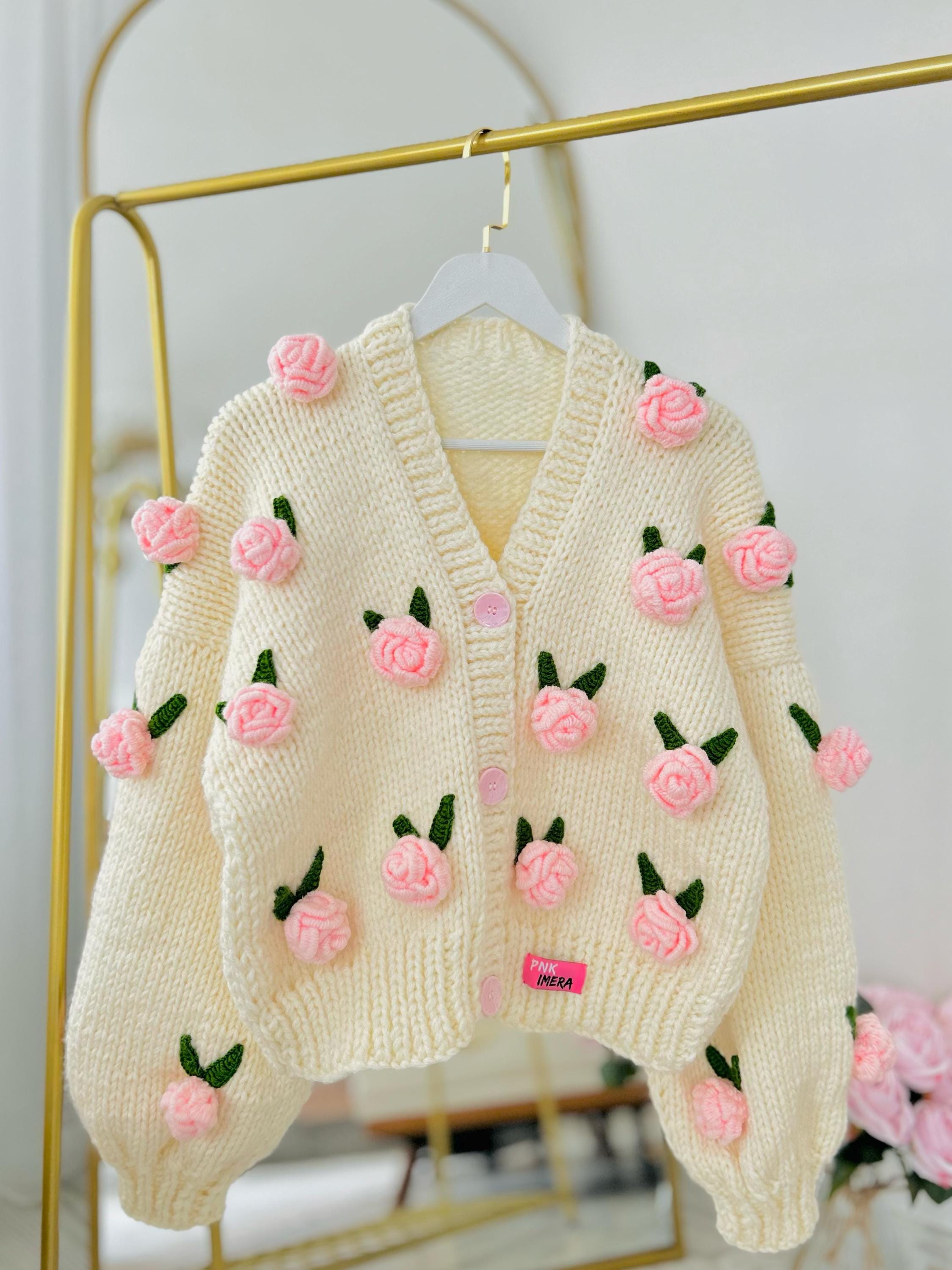 トップス FAKE AS FLOWERS KNIT CARDIGAN Pink Roses Cardigan, Handmade Chunky Cropped Knit Sweater, Floral