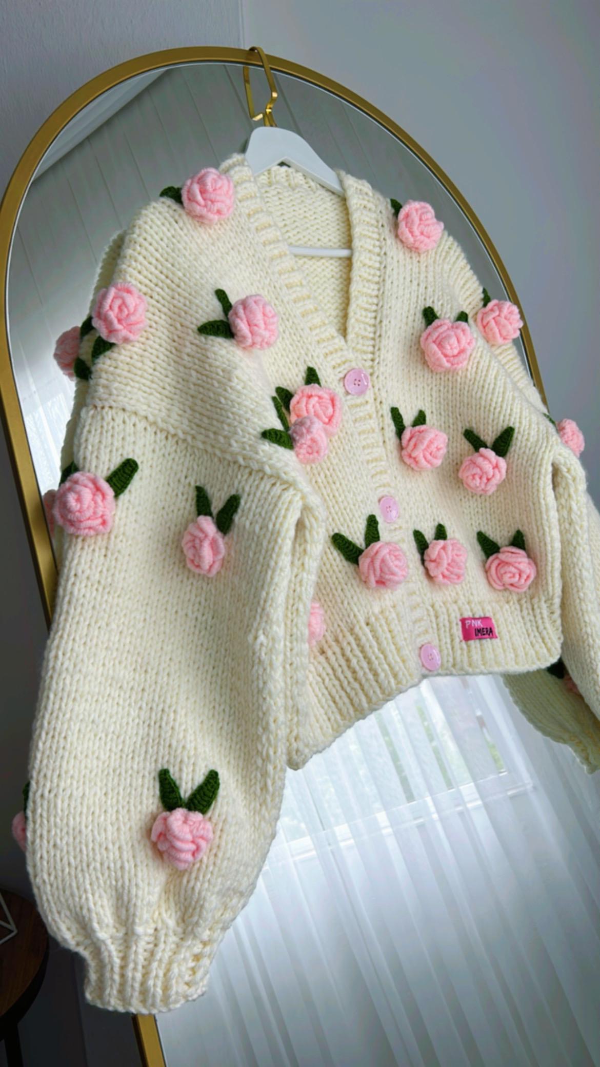 Pink Roses Cardigan, Handmade Chunky Cropped Knit Sweater, Floral