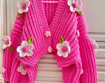 Pnkimera, Pink and white floral cardigan, Pink daisy knit cardigan, Handmade, Balloon sleeve cardigan, Unique gift, Y2k