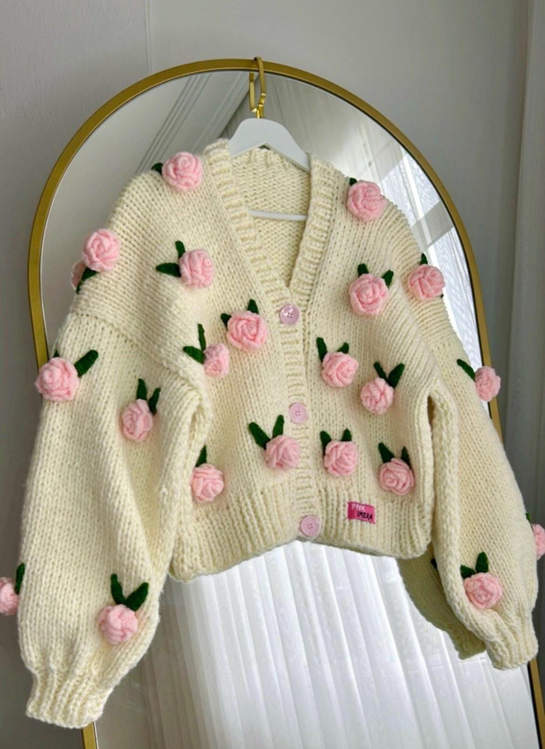 Pink Roses Cardigan, Handmade Chunky Cropped Knit Sweater, Floral