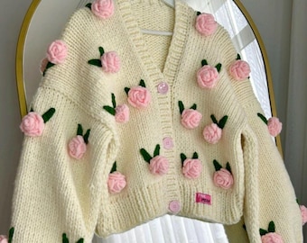 Pink Roses Cardigan, Handmade Chunky Cropped Knit Sweater, Floral