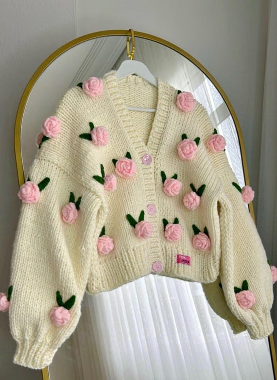Pink Roses Cardigan, Handmade Chunky Cropped Knit Sweater, Floral