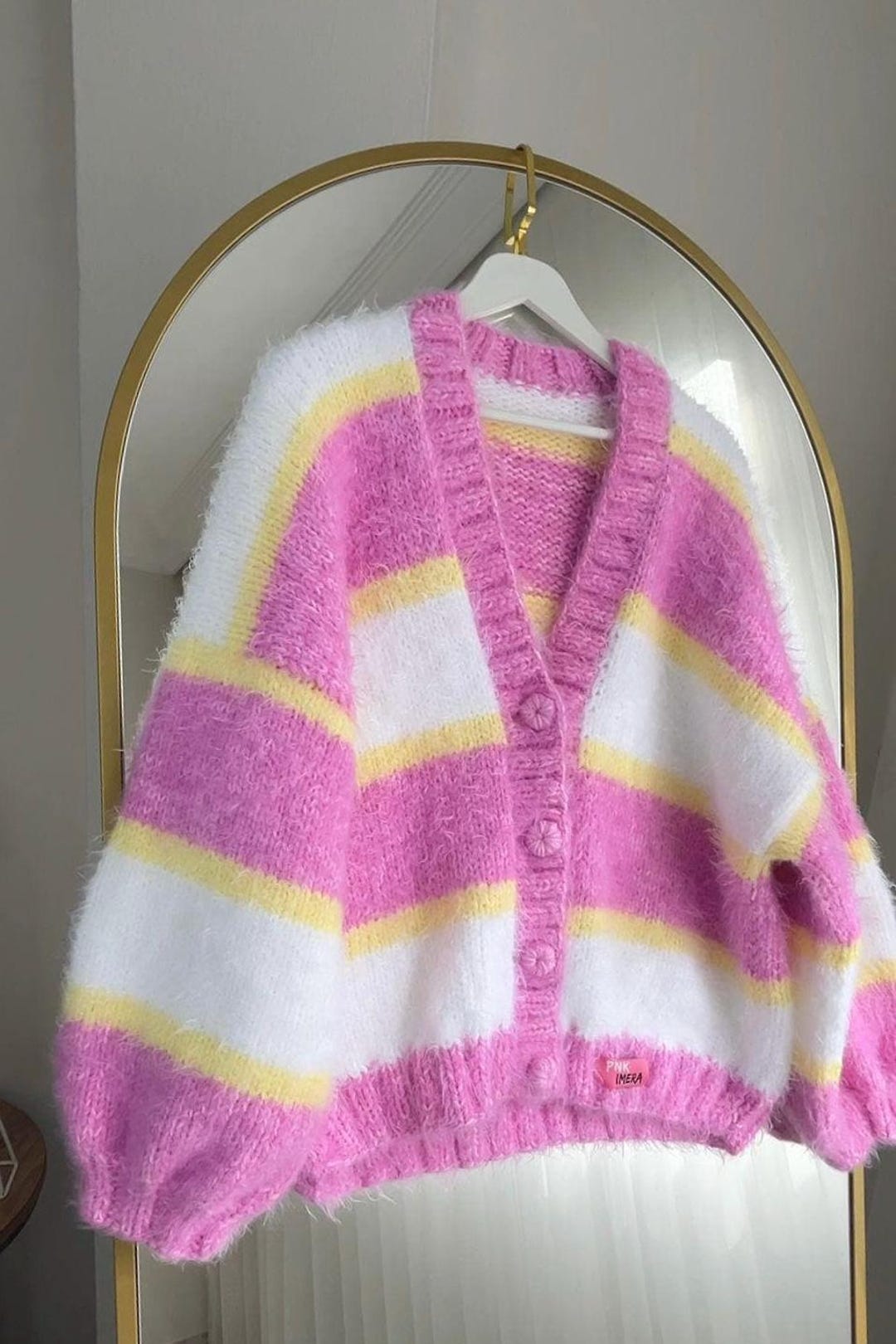 Chunky Striped Mohair Cardigan, Oversized Pink Kawaii Knit Sweater