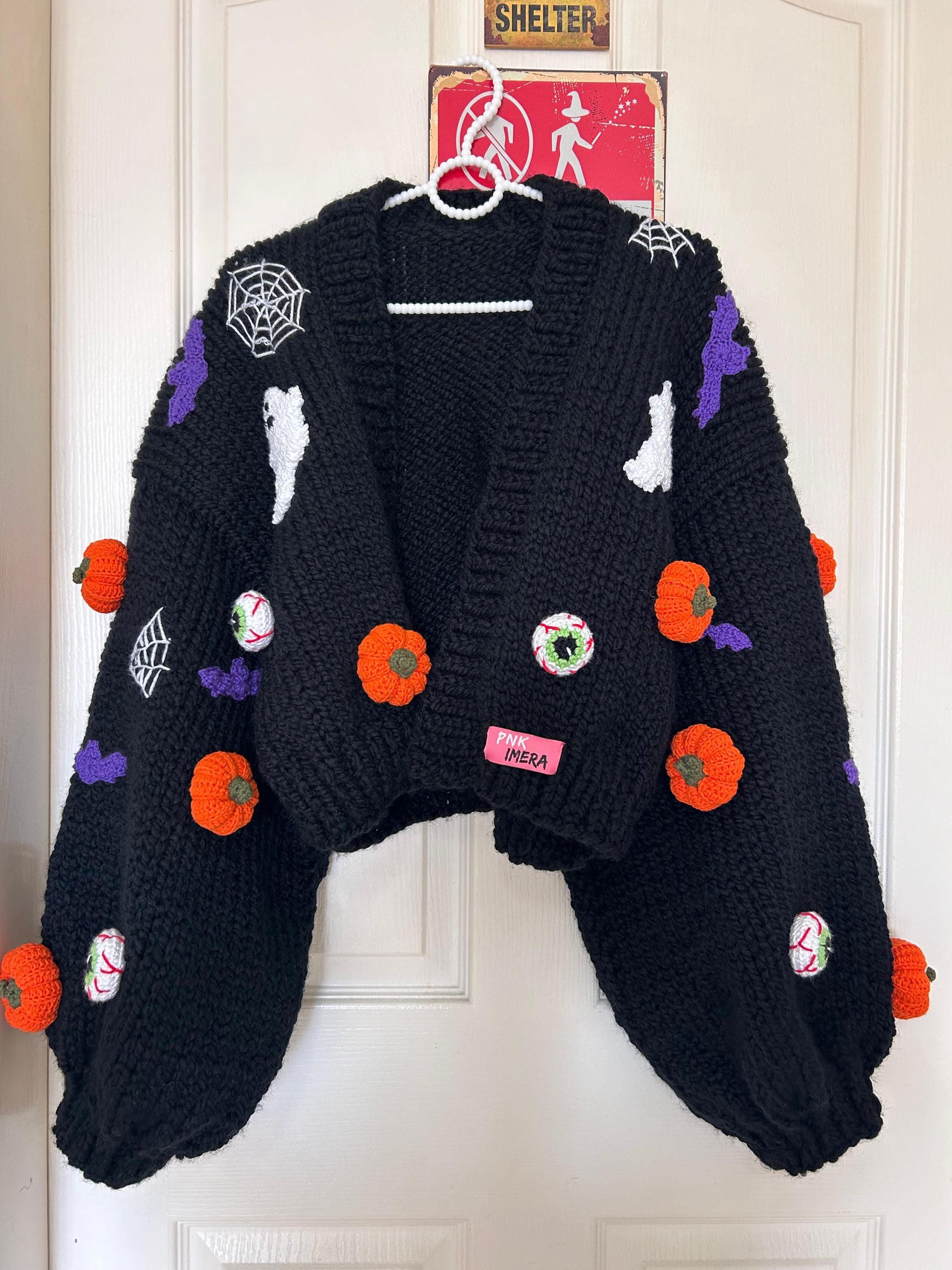 Handmade Halloween Knit Cardigan: Pumpkin Ghost Chunky