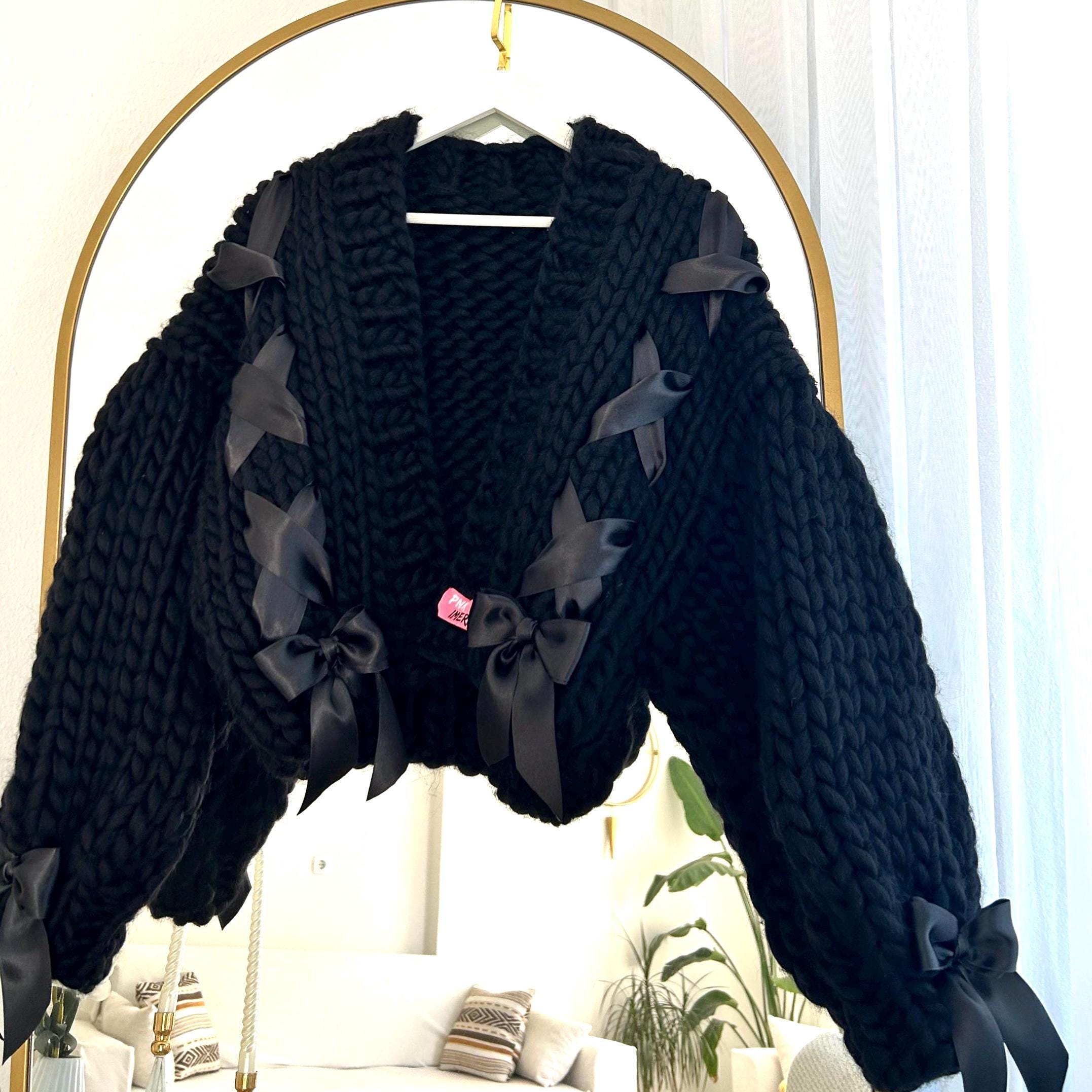 Black Merino Wool Knit Cardigan With Ribbon Ties - Etsy