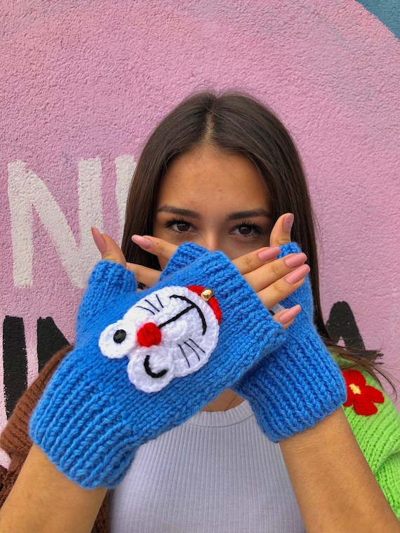 Hand Knitted Blue Fingerless Gloves: Kawaii Cartoon Mittens