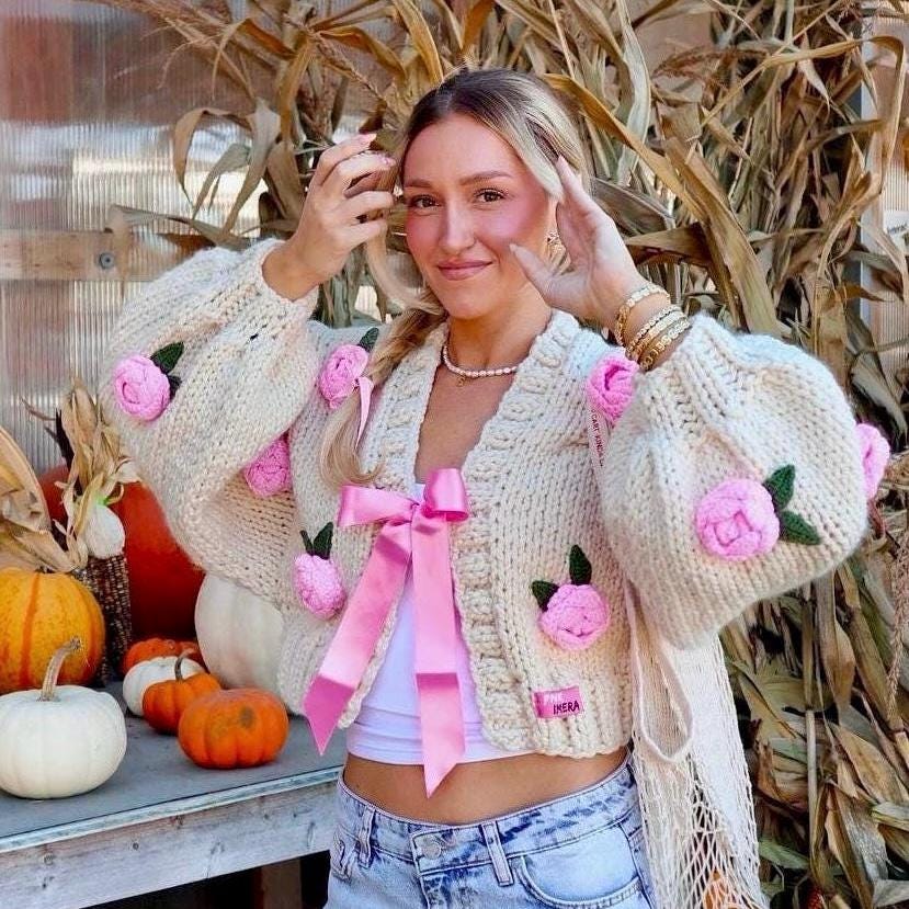 Pnkimera Pink Roses Cardigan Chunky Cropped Cardigan for