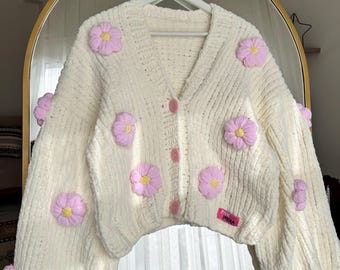 Hand Knitted Cream Cardigan With 3D Pink Flowers, Chunky Balloon