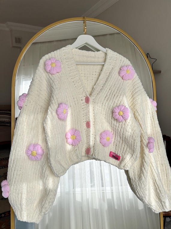 Hand Knitted Cream Cardigan With 3D Pink Flowers, Chunky Balloon