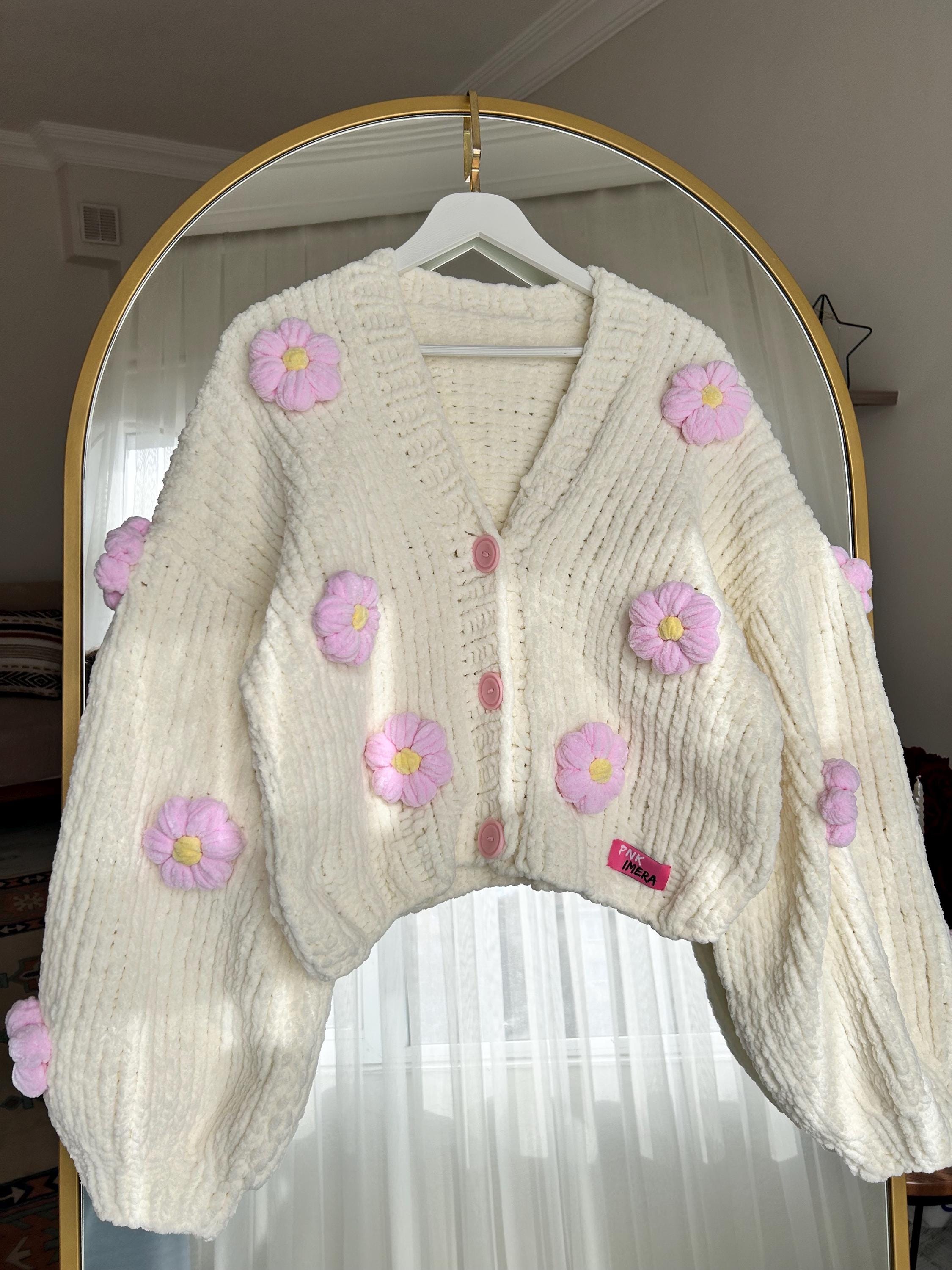 Hand Knitted Cream Cardigan With 3D Pink Flowers, Chunky Balloon