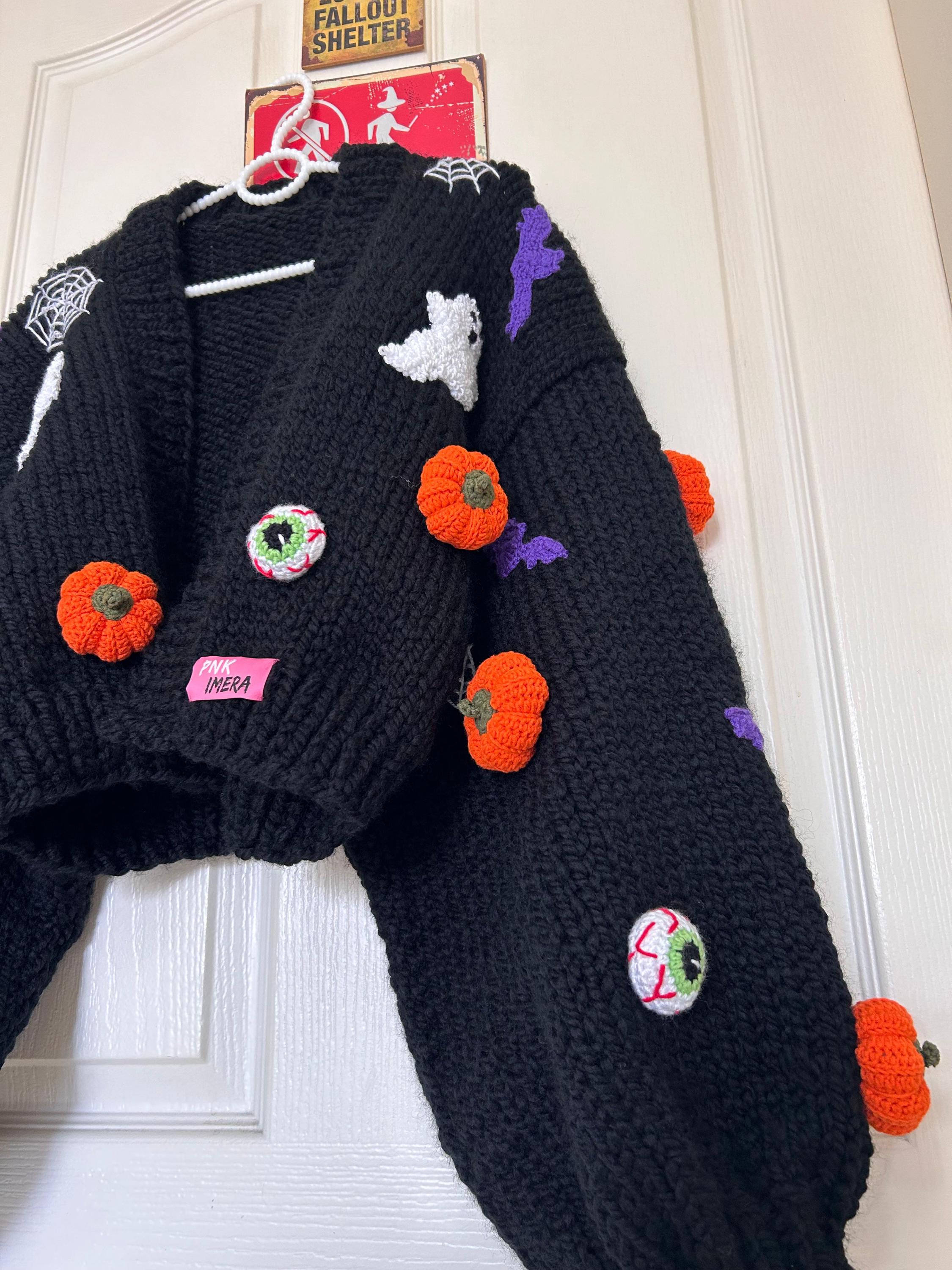 HUIFUO Halloween Strickjacke Damen - Gruseliger Kürbis & Geister Design Übergröße