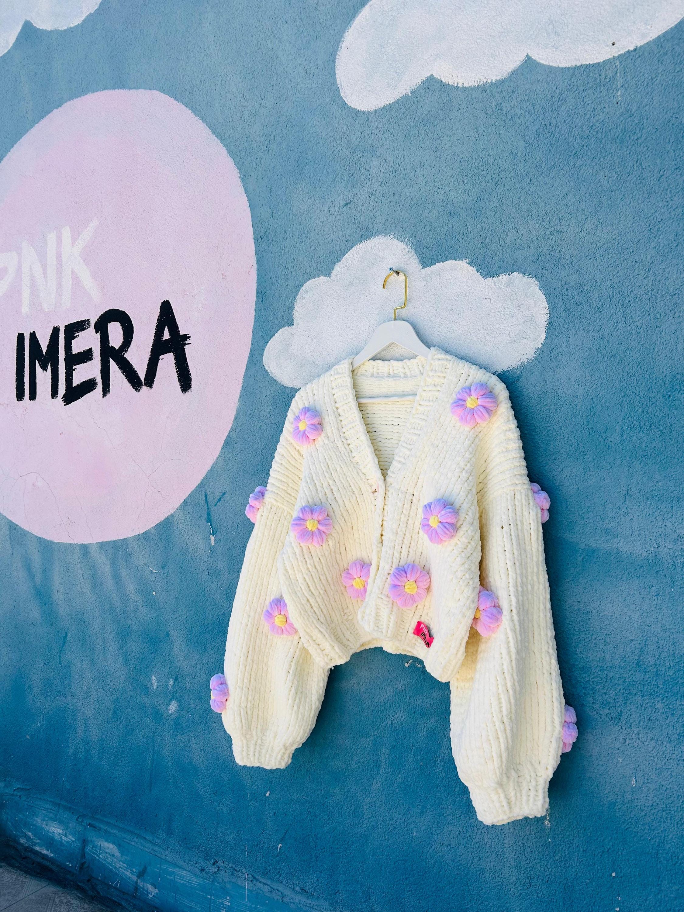 Handmade Chunky Velvet Flower Cardigan: Pastel Knit Sweater