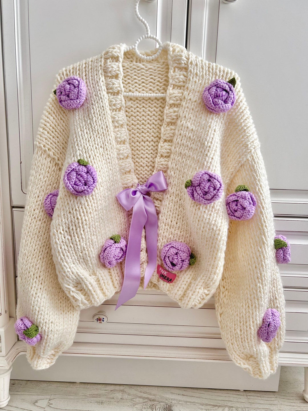 Rose flower motif cardigan 【white】 Leilayca Yellow Rose Cardigan , Chunky Cropped Cardigan for