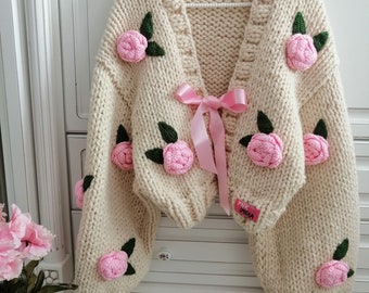 Pnkimera Pink Roses Cardigan Chunky Cropped Cardigan For Women White Sweather With Pink Flowers Unique Gift For Women Vintage Roses Camellia